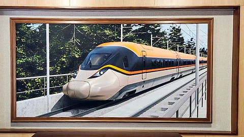A picture of the country's first proposed bullet train displayed at the Ministry of Railways. The picture has been installed at Gate Number 4, in New Delhi on Monday. 