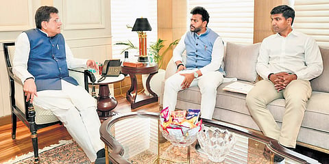 Narasaraopet MP Lavu Sri Krishna Devarayalu and Civil Aviation Minister K Ram Mohan Naidu at a meeting with Union Minister Piyush Goyal in Delhi I Express