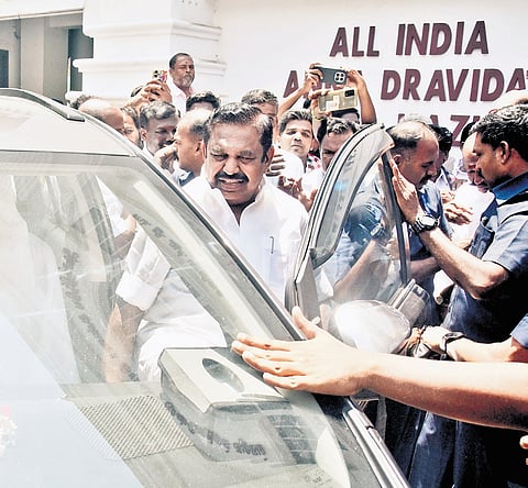 AIADMK general secretary Edappadi K Palaniswami leaves after meeting district secretaries at the party headquarters in Chennai on Tuesday.