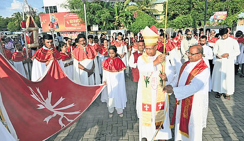 Ceremonial flag of the 502nd feast of Holy Virgin Mary being hoisted at Vallarpadam Basilica. 