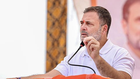 Congress MP and Lok Sabha LoP Rahul Gandhi addresses the gathering during 'Gram Vikas Samvad' programme, at Bachhrawan, in Raebareli district, Uttar Pradesh. 