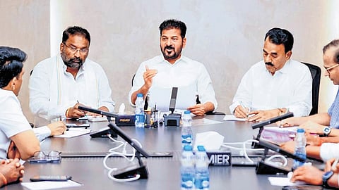 Chief Minister A Revanth Reddy speaks during a meeting with ministers and MLAs from the erstwhile Mahbubnagar district in Hyderabad on Tuesday. 