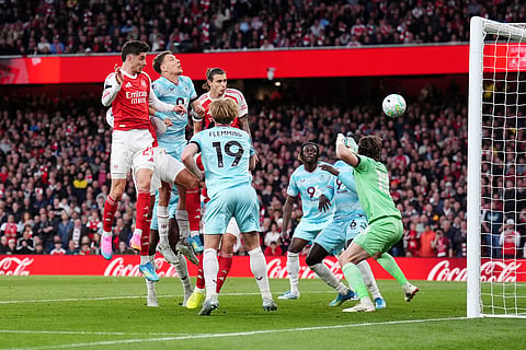 Arsenal's Kai Havertz, left, scores their side's first goal during the English Premier League soccer.