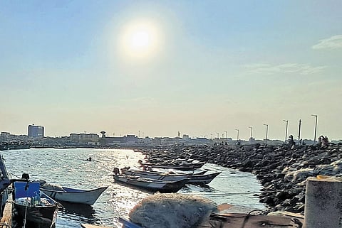 Fishing boats remain moored at Kasimedu harbour under a blazing summer sun as Chennai reeled under intense heat on Tuesday.