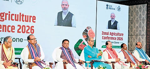 Union min Shivraj Chouhan, CM Mohan Majhi and Dy CM KV Singh Deo at the conference