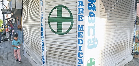 A medical store shut during the nationwide pharmacy bandh, on Shivaji Road in Bengaluru on Wednesday.