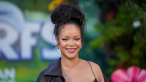 Rihanna arrives at the premiere of “Smurfs” on Sunday, July 13, 2025, at Paramount Studios in Los Angeles. 