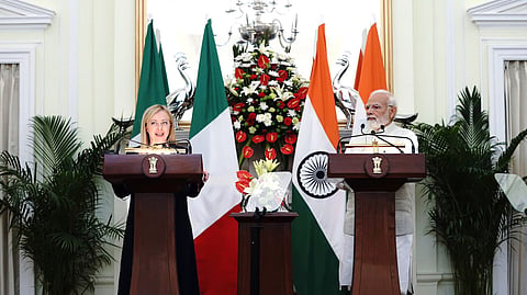 Prime Minister Narendra Modi and Italian Prime Minister Giorgia Meloni at the Joint Press Statement at Hyderabad House in New Delhi on Thursday, March 02, 2023