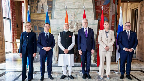  Prime Minister Narendra Modi with Norwegian Prime Minister Jonas Gahr Støre, Finnish Prime Minister Petteri Orpo, Swedish Prime Minister Ulf Kristersson, Icelandic Prime Minister Kristrún Frostadóttir and Danish Prime Minister Mette Frederiksen during the Nordic-India Summit, in Oslo, Norway.