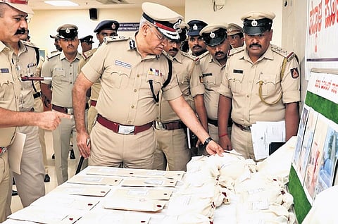 City Police Commissioner Seemanth Kumar Singh inspects drugs worth 
Rs 35 crore seized by Hebbal police in Bengaluru on Wednesday.