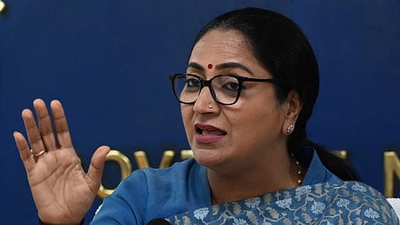 Delhi Chief Minister Rekha Gupta addresses a press conference on the upgradation of the ration card system.