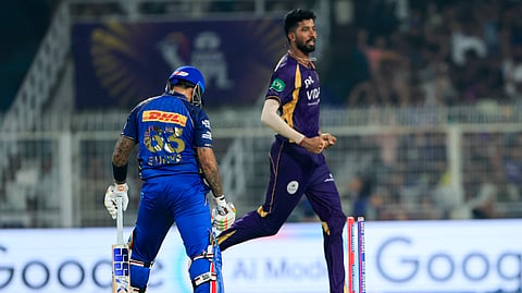 KKR's Saurabh Dubey celebrates the wicket of MI's Suryakumar Yadav on Wednesday