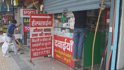Chemist shops shut in Yusuf Sarai Market.