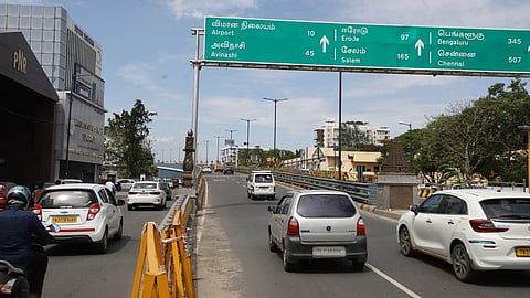 Vehicles ply on the GD naidu flyover in Coimbatore on Wednesday.
