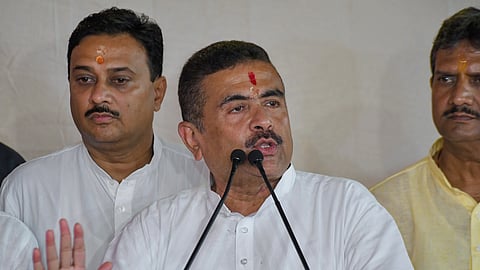 West Bengal Chief Minister Suvendu Adhikari addresses a press conference after an administrative meeting in Howrah on Thursday, May 21, 2026.