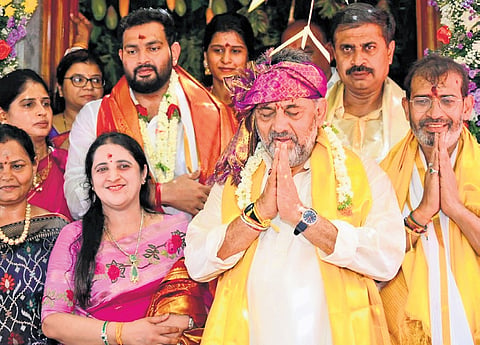 Deputy Chief Minister DK Shivakumar at the Madhyarangana Temple at Kollegal in Chamarajanagar district on Thursday.