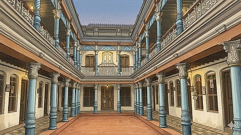 The represntational image shows a Chettinadu mansion in Tamil Nadu with courtyard and verandas 