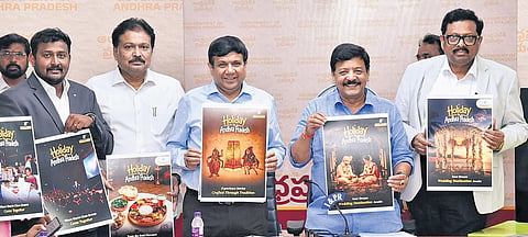 Tourism Minister Kandula Durgesh, along with Special CS Ajay Jain, unveils the campaign poster of ‘Holiday in AP’ at the Secretariat on Wednesday.