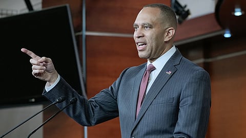 House Minority Leader Hakeem Jeffries, D-N.Y., speaks during a news conference on Capitol Hill, Thursday, April 23, 2026, in Washington.