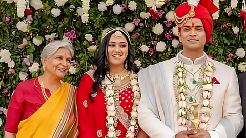 Twisha Sharma with her husband Samarth Singh (R) and mother-in-law Giribala Singh (L).