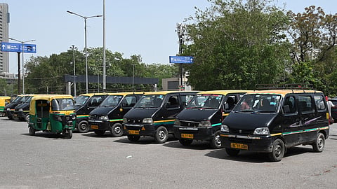 Taxi drivers wait for the passengers in the parking lot at New Delhi Railways Station as transport and taxi unions called for a strike in New Delhi, 21 May 2026.