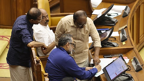 BJP MLAs Rajeev Chandrasekhar, V Muraleedharan and B B Gopakumar in the assembly during the oath-taking ceremony on Thursday. UDF’s Mani C Kappan is also seen.