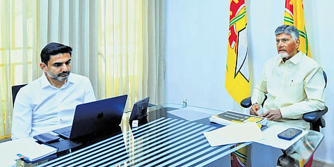 TDP chief and CM Chandrababu Naidu with working president of the party and IT Minister Lokesh during the Politburo meeting held virtually on Thursday