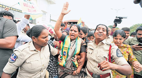 The former MLC, along with her party leaders and supporters, staged a protest near the state Secretariat over the issue. 