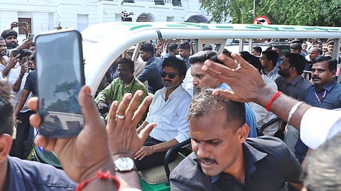 Chief Minister of Tamil nadu C. Jospeh Vijay takes tour in the battery Vehicle visiting the St. George fort and secretrait complex on Friday.