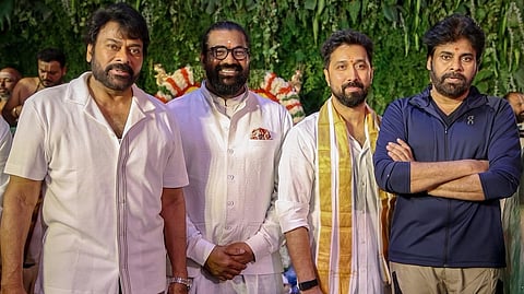 Chiranjeevi, Venkat K Narayana, Bobby Kolli and Pawan Kalyan at the launch of Chiru158