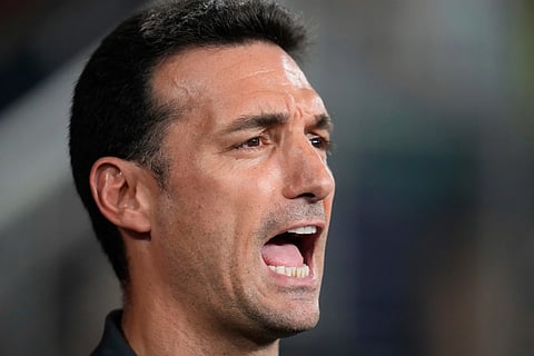 Argentina's coach Lionel Scaloni sings his national anthem prior to the Copa America final soccer match against Colombia in Miami Gardens, Fla., July 14, 2024.