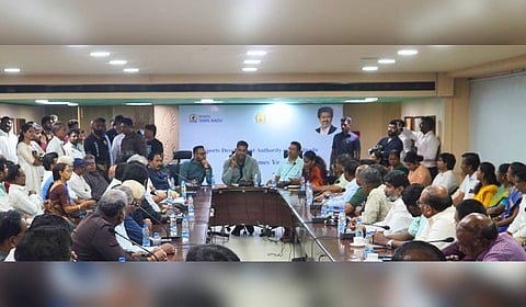 Sports Development Minister Aadhav Arjuna during a meeting on Friday.