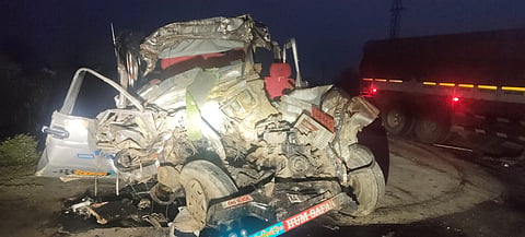 Mangled remains of the cruiser which was hit by a lorry near Ladlapur in Kalaburagi district on Saturday