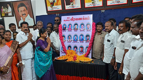 DMK cadres pay homage to the victims of the 2018 Anti-Sterlite protest by offering floral tributes during the Sterlite memorial day observance at the party office in Thoothukudi.