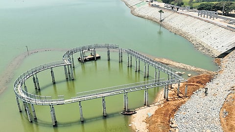 Yellamma Cheruvu in Husnabad is set to host Telangana’s first glass bridge — a striking “heart”-shaped structure rising from the middle of the lake.