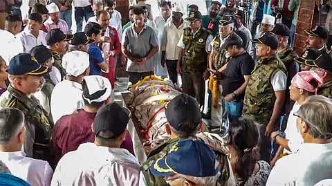 Family members of former model-turned-actor Twisha Sharma during the latter's last rites at Bhadbhada Cremation Ground in Bhopal, Sunday, May 24, 2026.