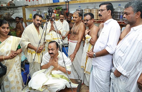 Chief Minister V D Satheesan offering ‘thulabharam’ at Guruvayur temple
