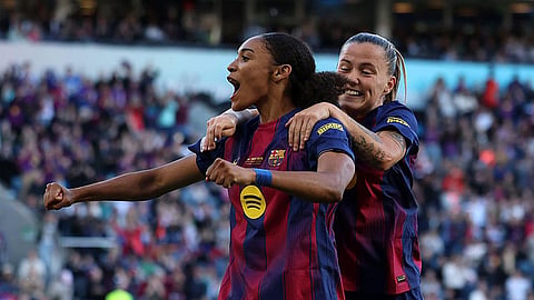 Salma Paralluelo (L) and Ewa Pajor scored two goals each in a famous UWCL triumph for Barcelona where eight-time champion Lyon was thoroughly outplayed.