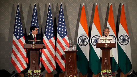 US Secretary of State Marco Rubio, left, listens to Minister of External Affairs S Jaishankar during a press conference following their talks in New Delhi, India, Sunday, May 24, 2026.