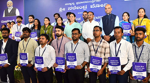 Union Minister for State Agriculture and MSME Shobha Karandlaje after the distribution of job order certificates to candidates under PM Rozgar Yojana scheme at Railway Grounds at Okalipuram in Bengaluru on Saturday.