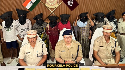 Rourkela Police display seized heroin, cash and other evidence after busting a drug trafficking racket in Meenapada slum under Plant Site PS limits. Eight accused, including six women, were arrested during the operation.