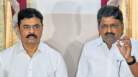 Finance Minister Payyavula Keshav, along with Anakapalle MP CM Ramesh, addressing the media 
