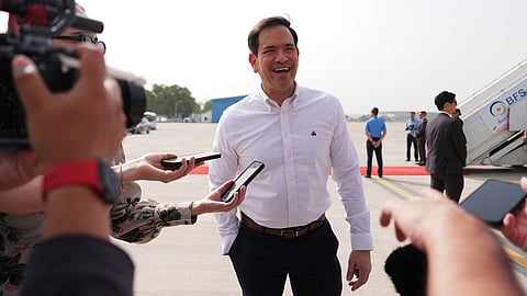 United States Secretary of State Marco Rubio speaks to the journalists before boarding his plane at Indira Gandhi International Airport in New Delhi, India, Monday, May 25, 2026.