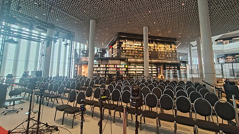 A view of the book shelves and the spectator area inside the playing hall 