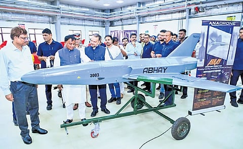 Chief Minister Mohan Charan Majhi inspecting Abhay, an UMV for combat operation, at Anadrone Systems in Mundaamba, Khurda