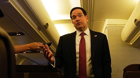 U.S. Secretary of State Marco Rubio speaks to reporters on board his plane at Jaipur International Airport in Jaipur, India, Tuesday, May 26, 2026.