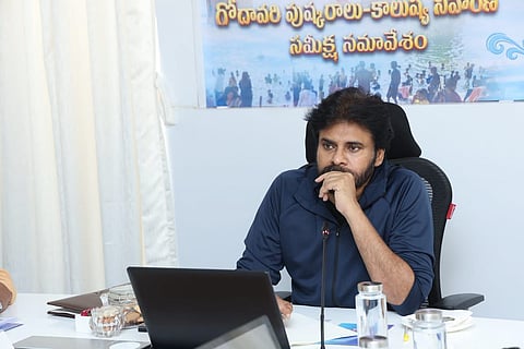 Deputy CM Pawan Kalyan during review meeting on Godavari river pollution and preparedness of Godavari Pushkarams on Monday. 