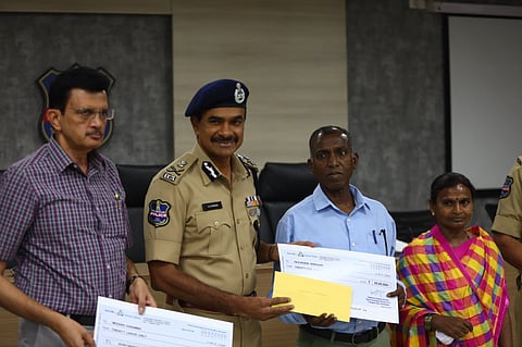 Two members of the banned CPI (Maoist), Pasunoori Narahari & Medaram Danamma surrender and join the mainstream in the presence of Telangana DGP CV Anand in Hyderabad on Tuesday.