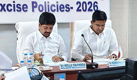 Excise minister Kollu Ravindra and MSME minister Kondapalli Srinivas during high-level ministerial meeting on Monday. 