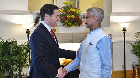 In this image posted on May 26, 2026, External Affairs Minister S Jaishankar, right, welcomes United States Secretary of State Marco Rubio for the Quad Foreign Ministers' Meeting, in New Delhi.